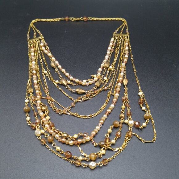 Multistrand Topaz Faux Pearl Gold Necklace, 9 Strands, Layering, 16 Inches - Picture 9 of 13